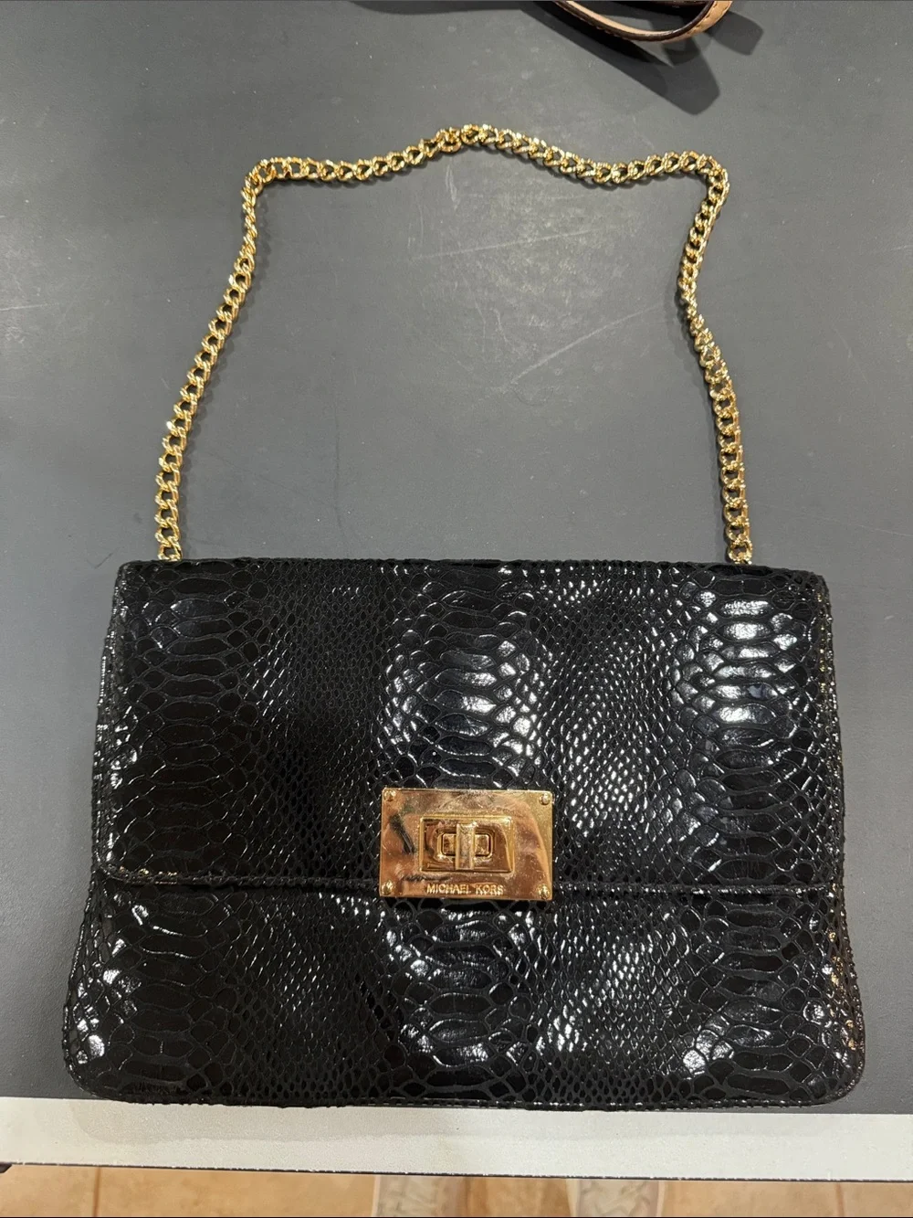 Michael Kors Black Snake-Embossed Shoulder Bag with Gold Chain